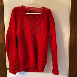 The Kooples Oversized Chunky Red Cotton Knit & Lace Cableknit Sweater
